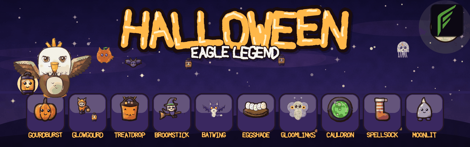 Eagle Legend Halloween hub art: a cosy moonlit night with Leggy the eaglet and ten cartoon Halloween mini-games.